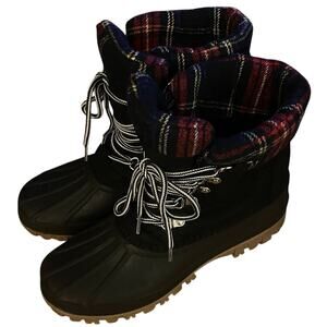 J Crew "Perfect" Black/Red Plaid, Winter Boots, Nubuck Leather 8 Faux Fur Lining
